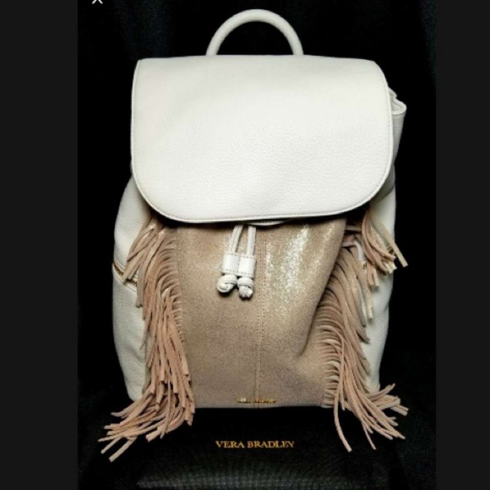 Vera Bradley Fringed Amy Leather Backpack White With Gold Metallic